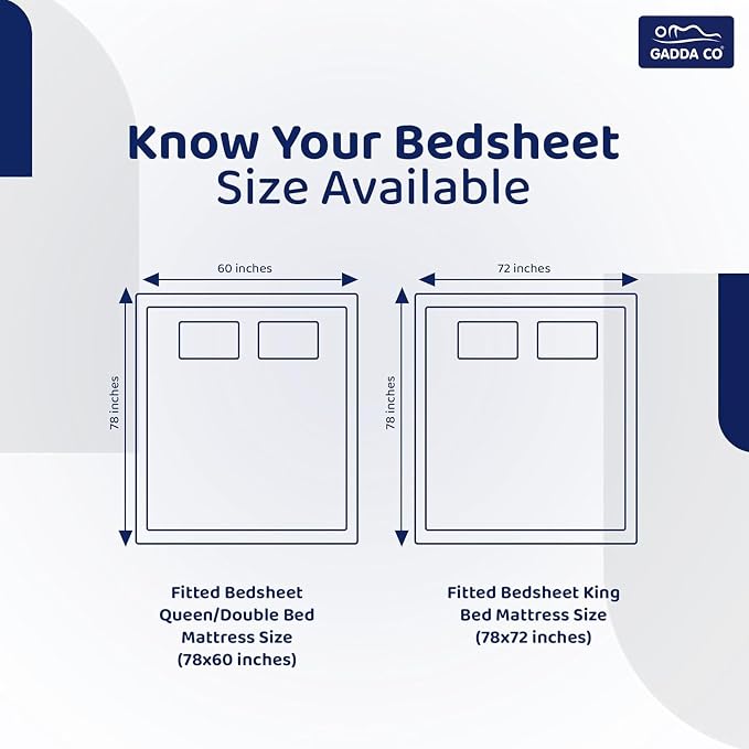 GADDA CO 300 TC Glace Cotton 360 Elastic Fitted Printed Bedsheet for Queen Size (78 x 60 Inch) | Cotton with 2 Pillow Covers | Dark Blue