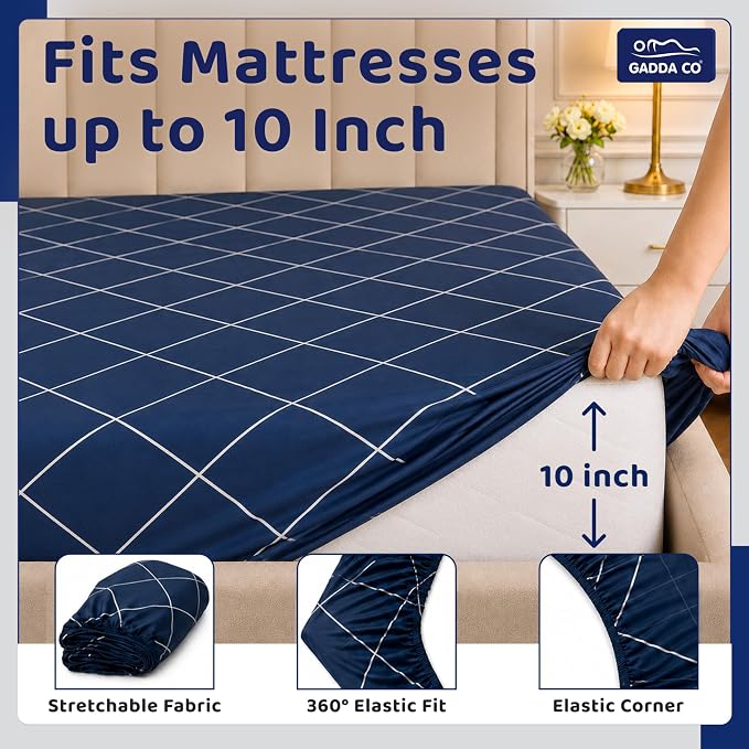 GADDA CO 300 TC Glace Cotton 360 Elastic Fitted Printed Bedsheet for Queen Size (78 x 60 Inch) | Cotton with 2 Pillow Covers | Dark Blue