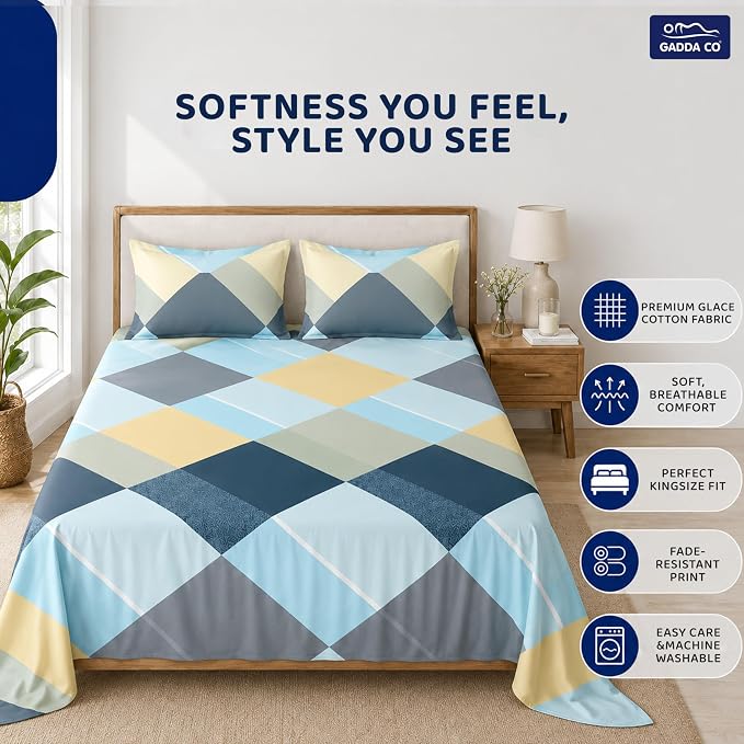 GADDA CO. Premium 300 TC Glace Cotton Flat Printed Double/Queen Bedsheet Set with 2 Pillow Covers – Sea Blue
