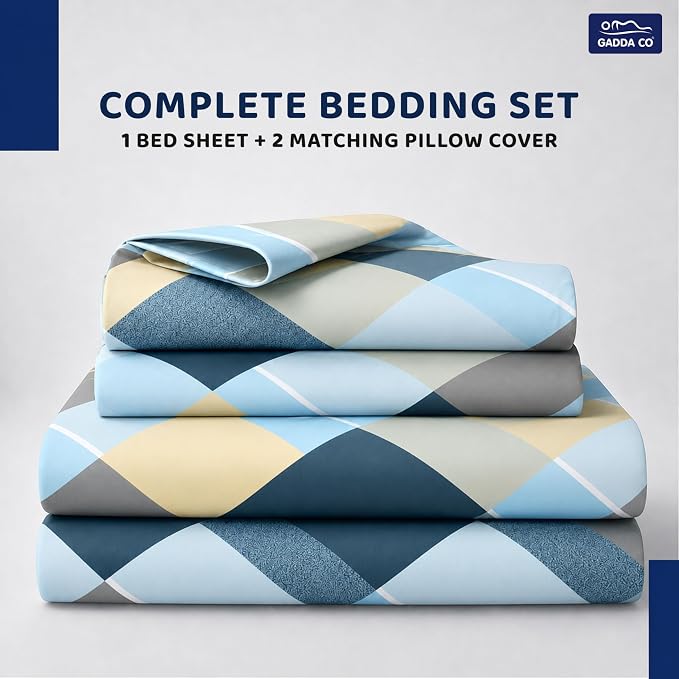 GADDA CO. Premium 300 TC Glace Cotton Flat Printed Double/Queen Bedsheet Set with 2 Pillow Covers – Sea Blue