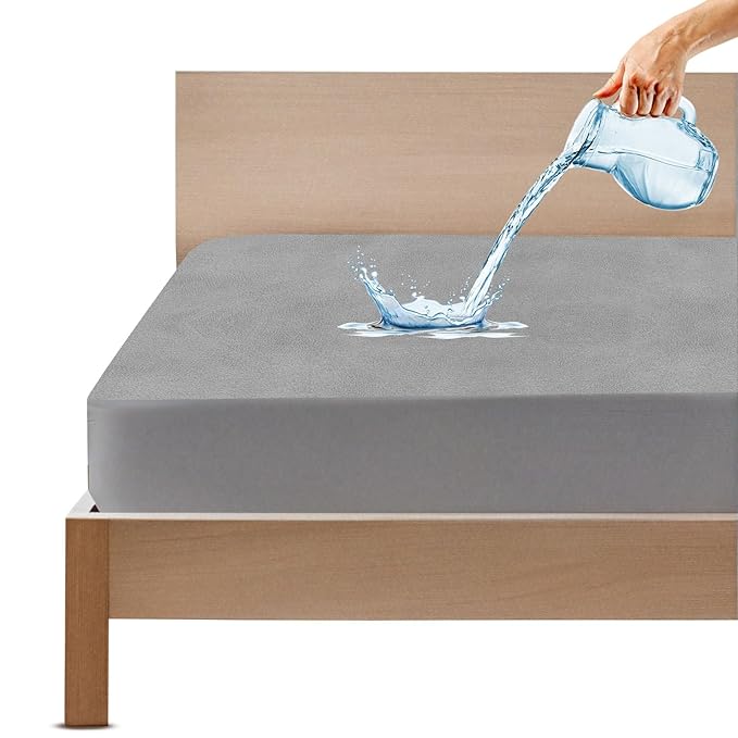 GADDA CO. Ultra Soft Waterproof Mattress Protector – Queen Size, Light Grey | Cotton-Feel Terry, 360° Fitted Elastic, 10" Deep Pocket