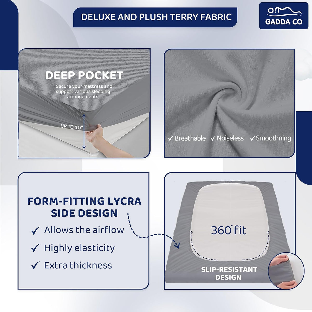 GADDA CO. Ultra Soft Waterproof Mattress Protector – Queen Size, Light Grey | Cotton-Feel Terry, 360° Fitted Elastic, 10" Deep Pocket