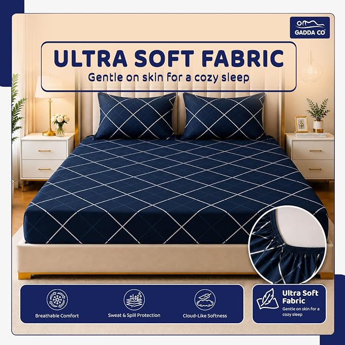 GADDA CO 300 TC Glace Cotton 360 Elastic Fitted Printed Bedsheet for Queen Size (78 x 60 Inch) | Cotton with 2 Pillow Covers | Dark Blue