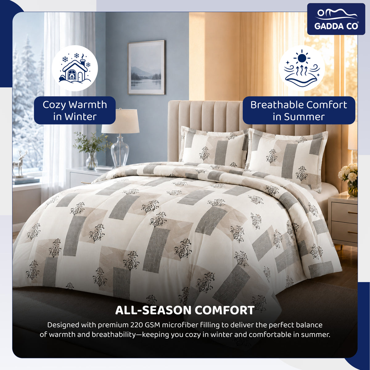 Reversible AC & Winter Glace Cotton Comforter | Premium 220 GSM, 300 TC Ultra Soft Microfiber Comforter/Blanket/Quilt/Duvets for Double Bed | All Season| King Size -100 x 90 Inch | Off White