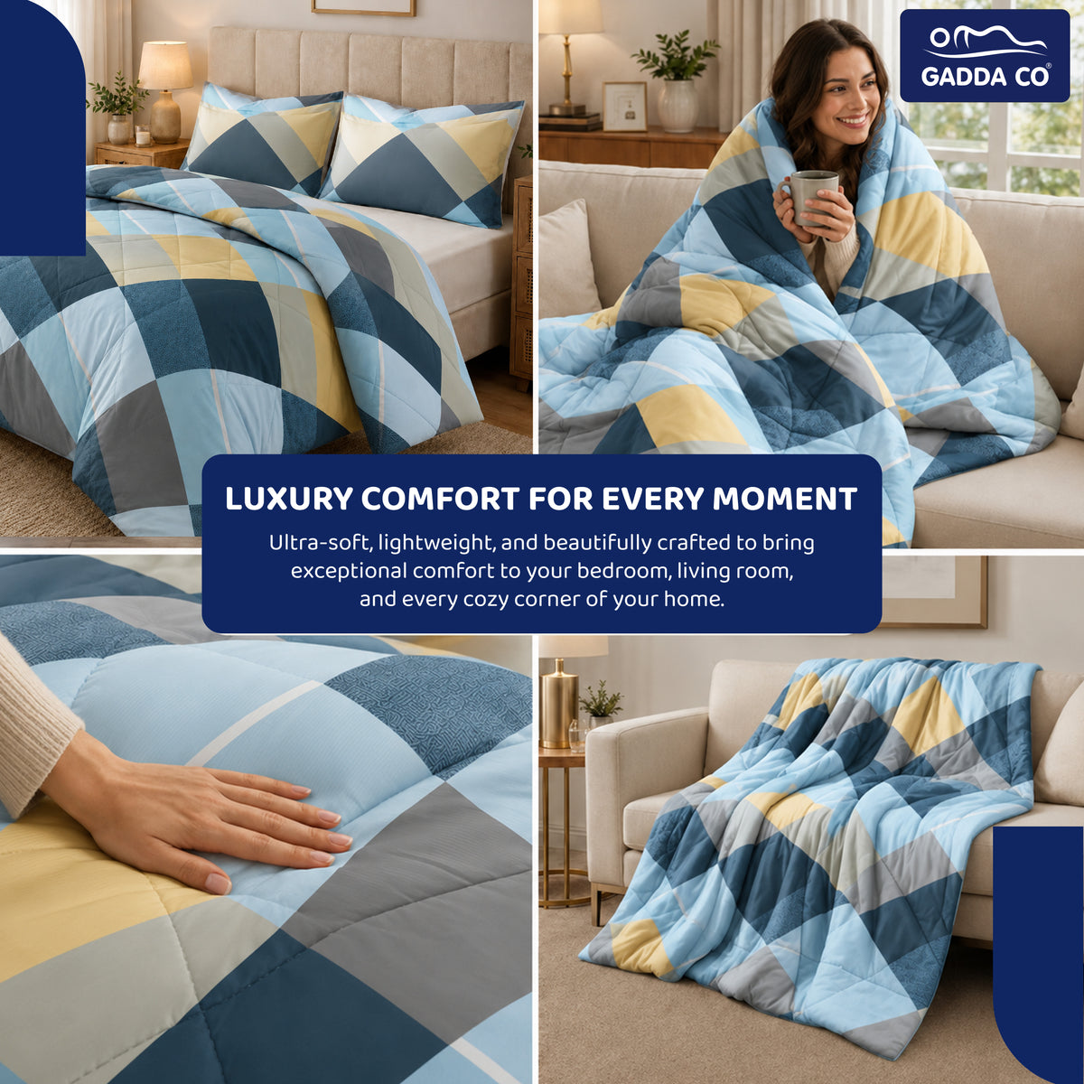 Reversible AC & Winter Glace Cotton Comforter | Premium 220 GSM, 300 TC Ultra Soft Microfiber Comforter/Blanket/Quilt/Duvets for Double Bed | All Season| King Size - 100 x 90 Inch | Sea Blue