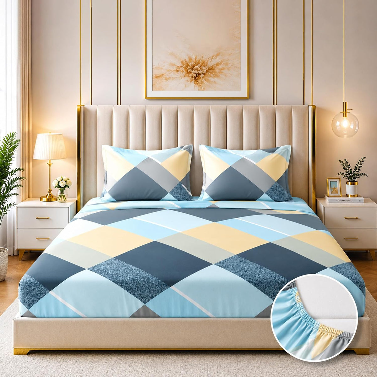 GADDA CO 300 TC Glace Cotton 360 Elastic Fitted Printed Bedsheet for Queen Size (78 x 60 Inch) Cotton with 2 Pillow Covers| Sea Blue