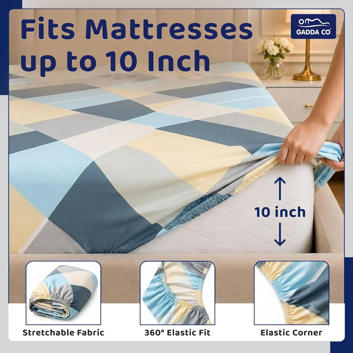 GADDA CO 300 TC Glace Cotton 360 Elastic Fitted Printed Bedsheet for Queen Size (78 x 60 Inch) Cotton with 2 Pillow Covers| Sea Blue
