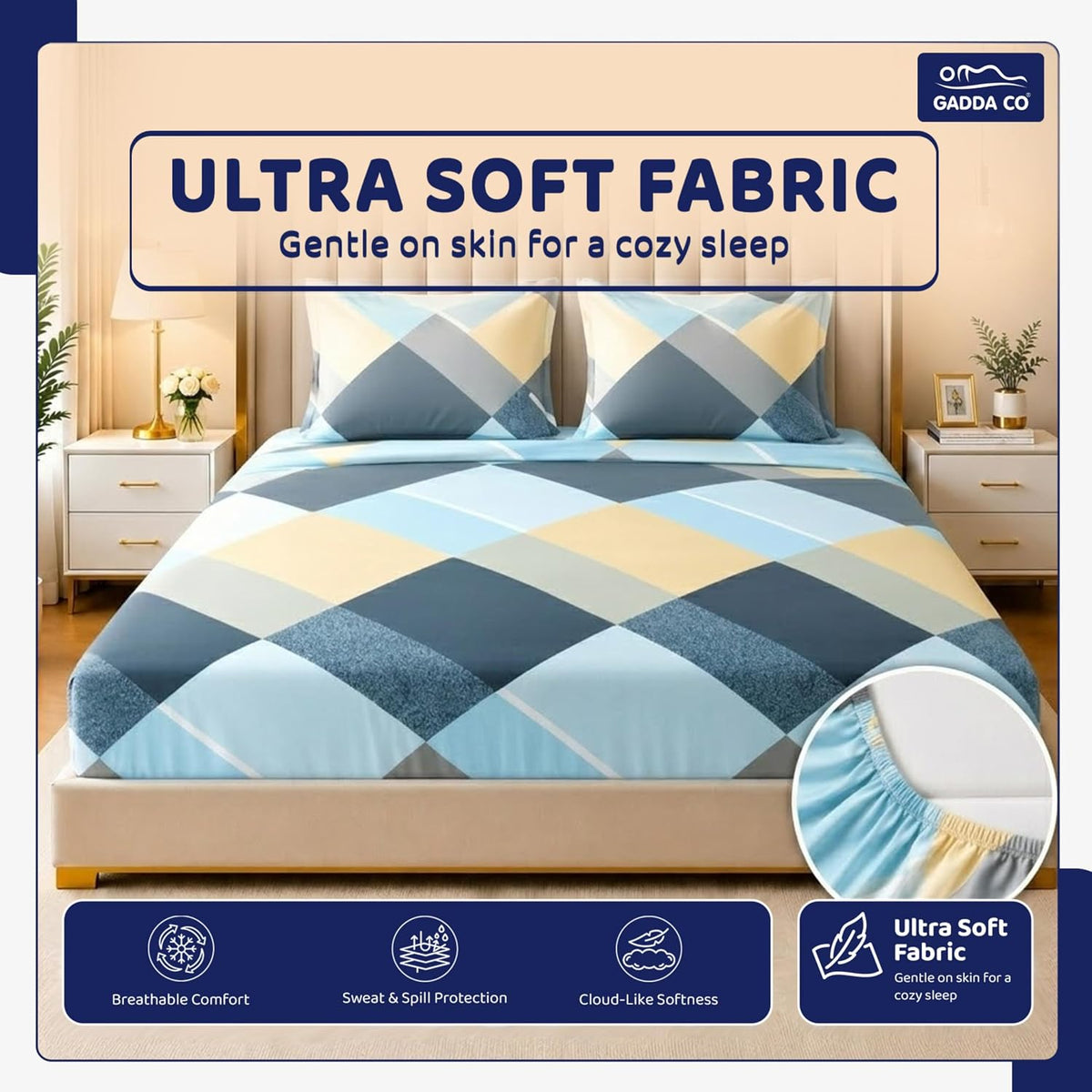 GADDA CO 300 TC Glace Cotton 360 Elastic Fitted Printed Bedsheet for Queen Size (78 x 60 Inch) Cotton with 2 Pillow Covers| Sea Blue