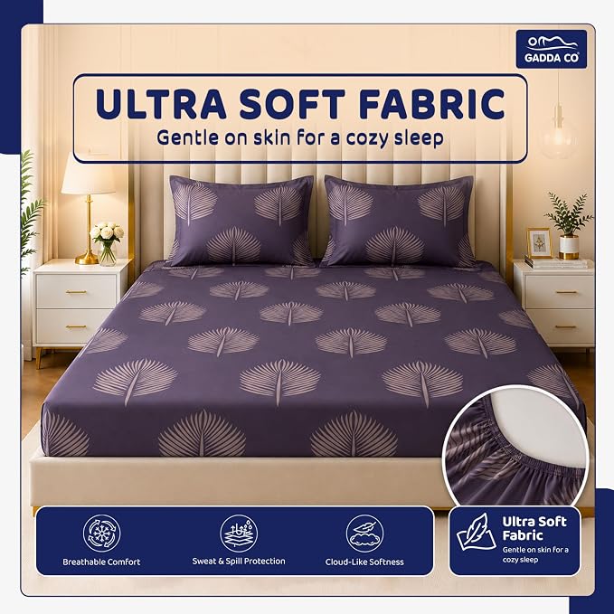 GADDA CO 300 TC Elastic Fitted Bedsheet Set – Queen | Plum Printed, Glace Cotton, 2 Pillow Covers