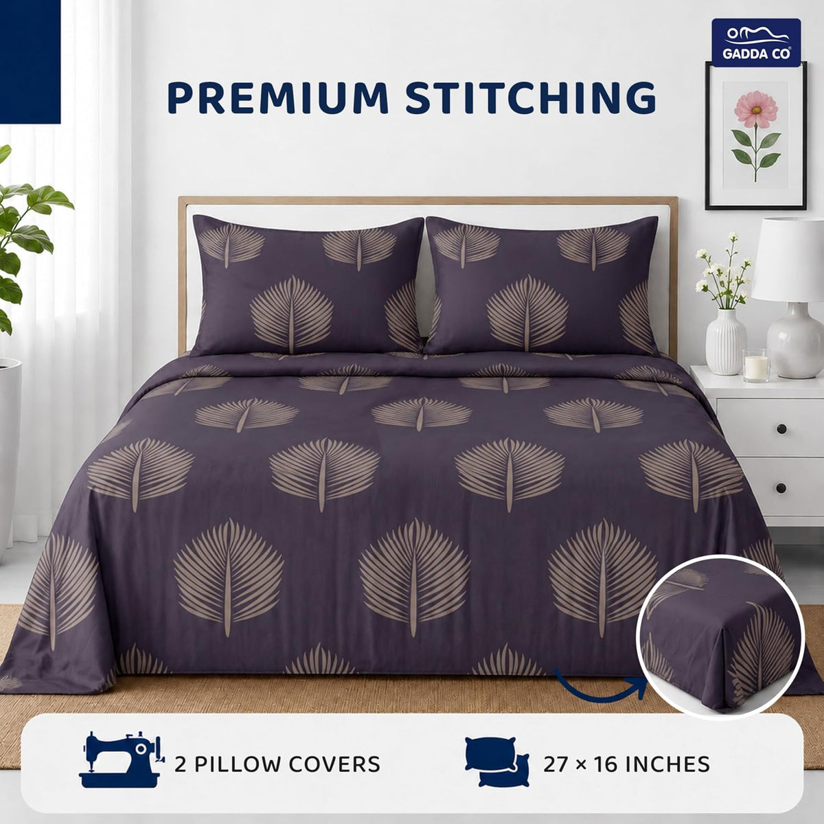 GADDA CO 300 TC Cotton Feel Premium Glace Cotton Flat Printed Bedsheet for Double Bed Queen Size (228 x 208 cm) with 2 Matching Pillow Covers| Plum