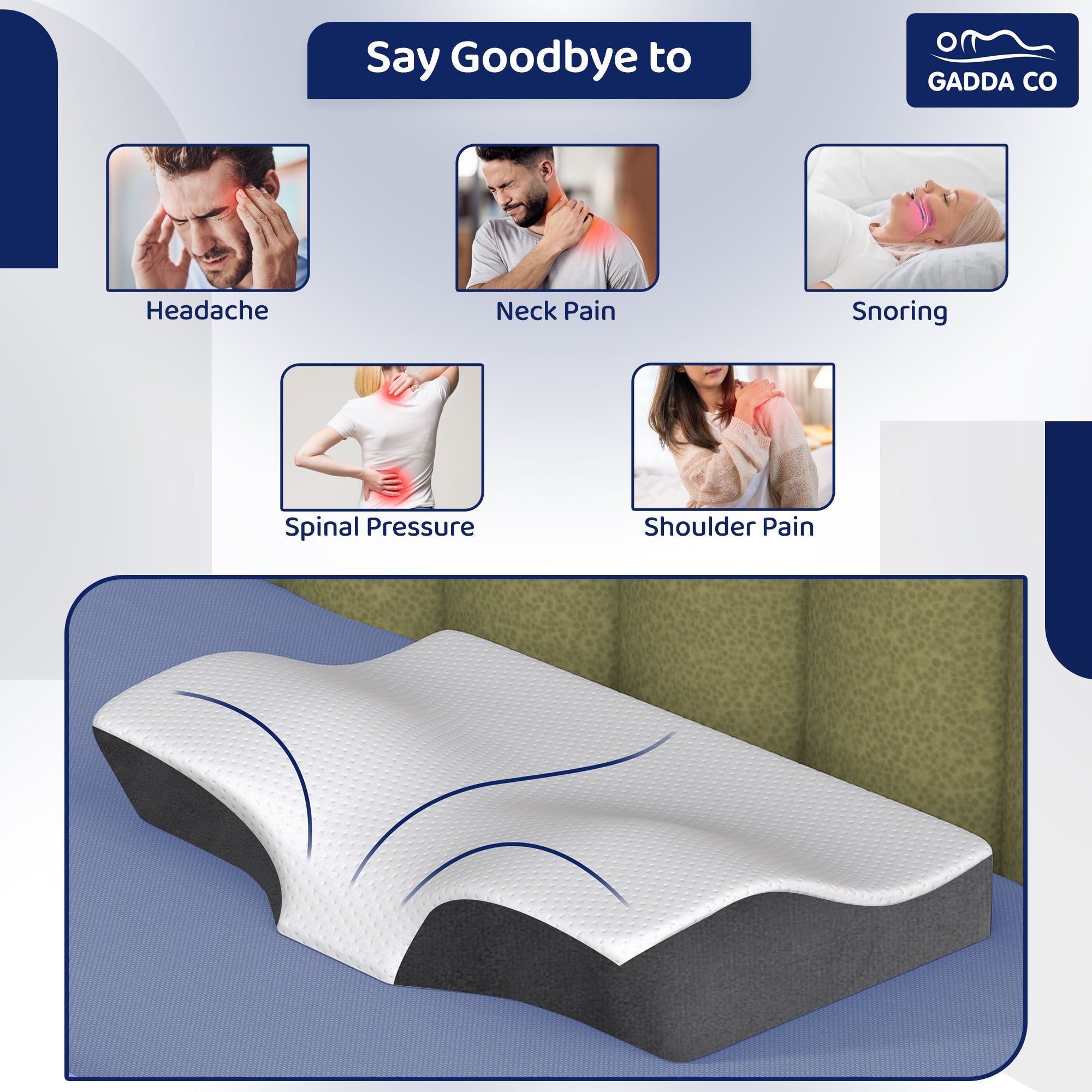 Memory Foam Cervical Butterfly Pillow – White/Grey | GADDA CO
