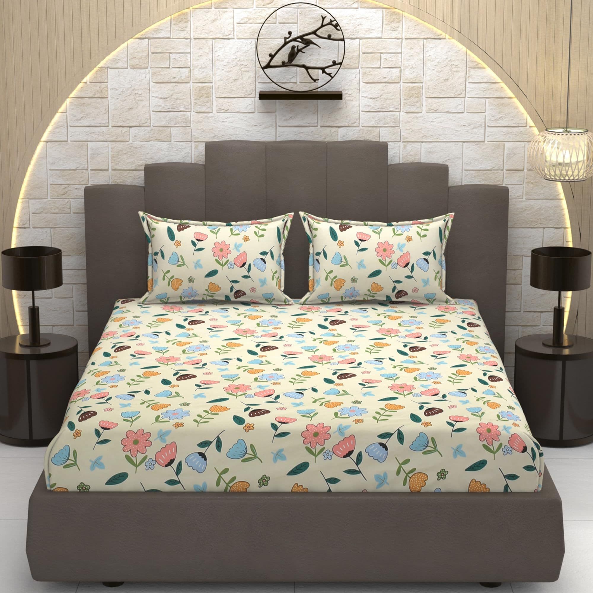 Cotton Feel Yellow Multi Floral 78x60 inch Bedsheet with 2 pillow cover set