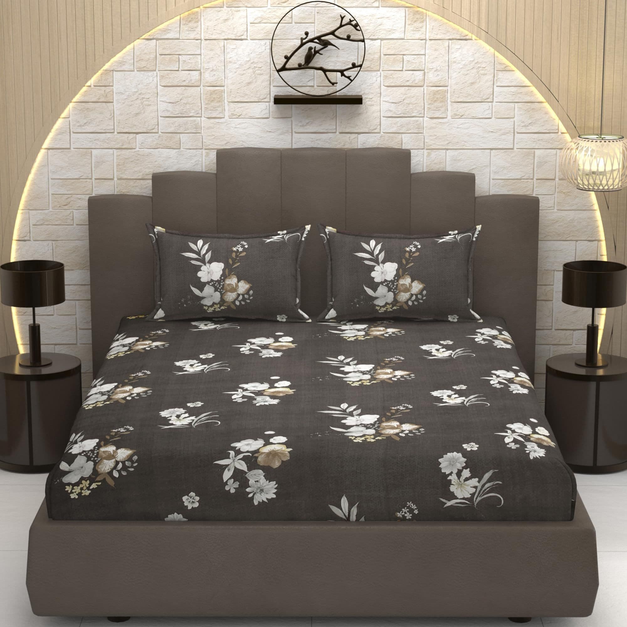 Cotton Feel Grey floral Design 78x72 inch Bedsheet with 2 pillow cover set