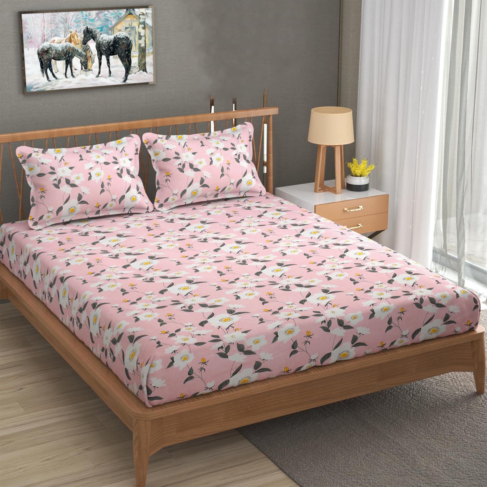Cotton Feel Light Pink & Multicolor Floral 78x72 inch Bedsheet with 2 pillow cover set