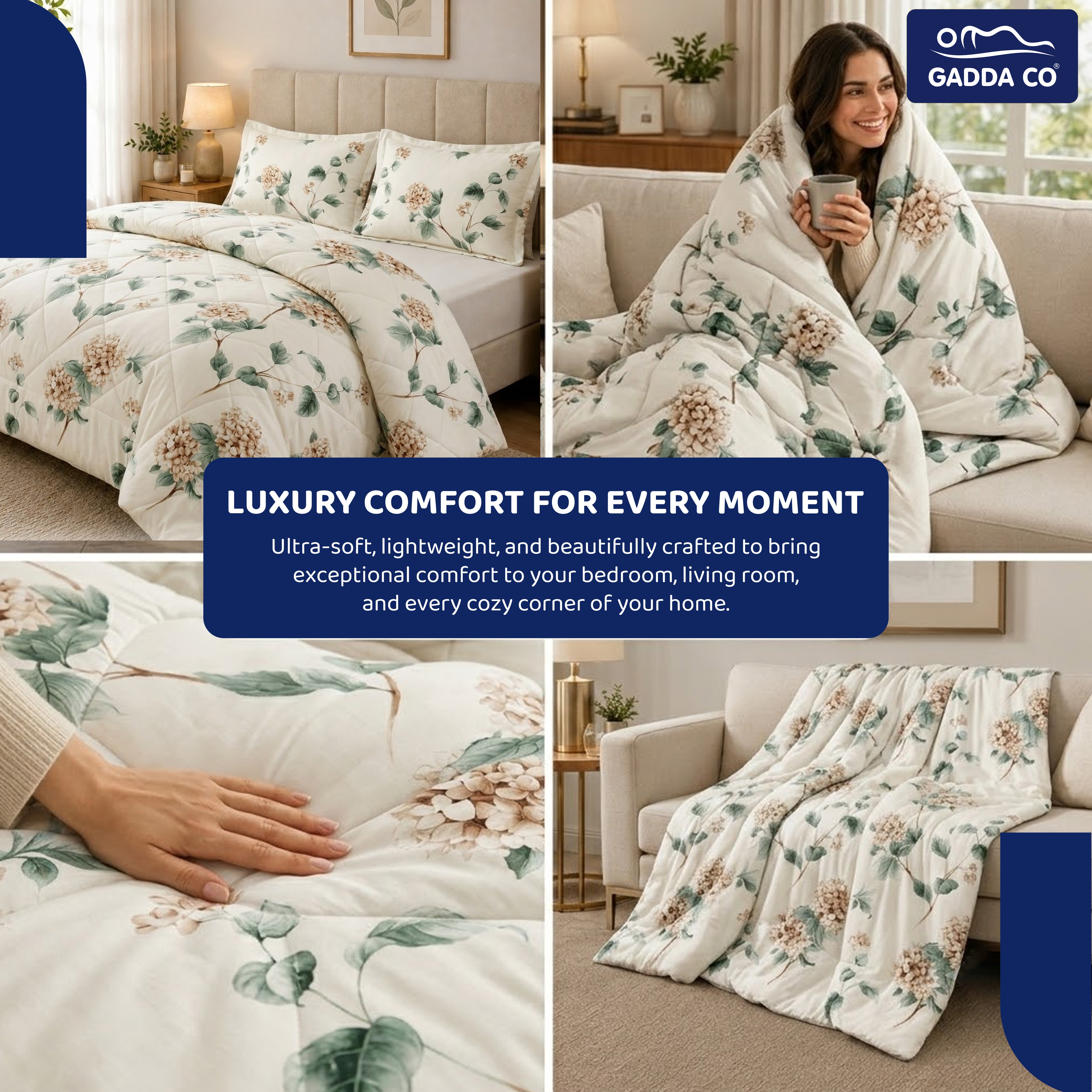 GADDA CO Reversible AC & Winter Glace Cotton Comforter | Premium 220 GSM, 300 TC Ultra Soft Microfiber Comforter/Blanket/Quilt/Duvets for Double & King Bed | All Season | Size - 100 x 90 Inch | Ivory