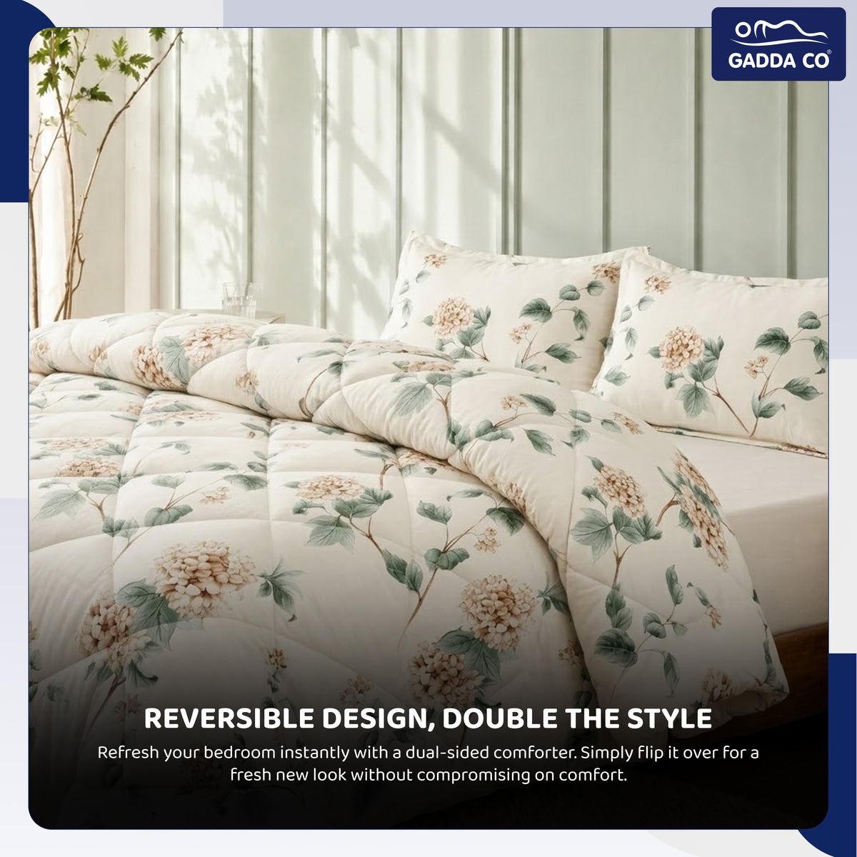 GADDA CO Reversible AC & Winter Glace Cotton Comforter | Premium 220 GSM, 300 TC Ultra Soft Microfiber Comforter/Blanket/Quilt/Duvets for Double & King Bed | All Season | Size - 100 x 90 Inch | Ivory