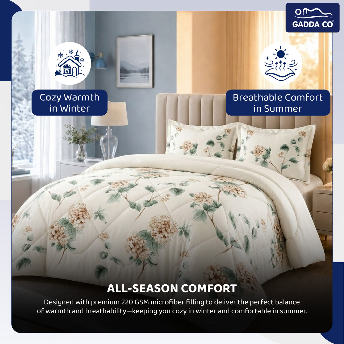 GADDA CO Reversible AC & Winter Glace Cotton Comforter | Premium 220 GSM, 300 TC Ultra Soft Microfiber Comforter/Blanket/Quilt/Duvets for Double & King Bed | All Season | Size - 100 x 90 Inch | Ivory