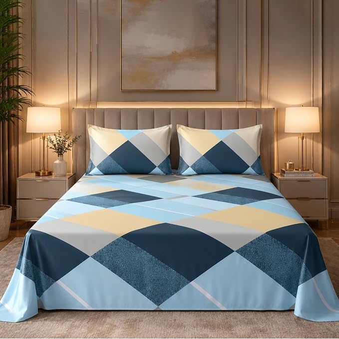 GADDA CO. Premium 300 TC Glace Cotton Flat Printed Double/Queen Bedsheet Set with 2 Pillow Covers – Sea Blue