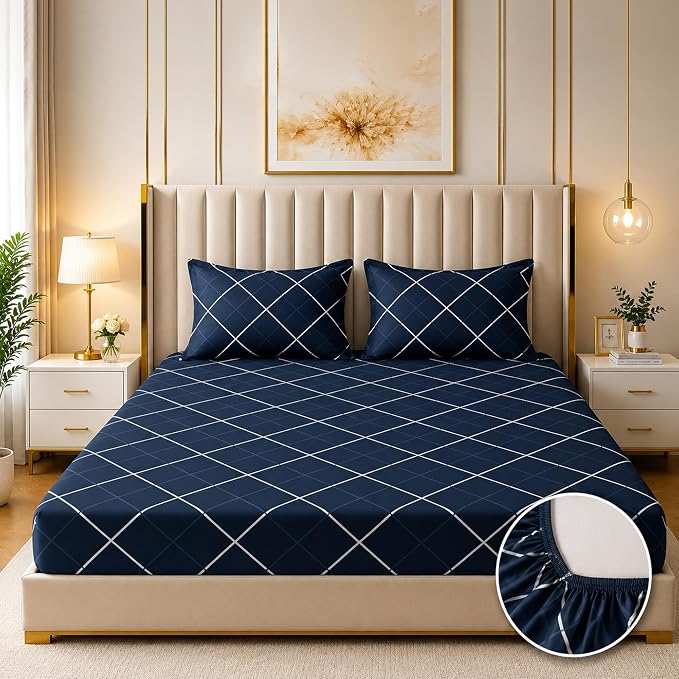 GADDA CO 300 TC Glace Cotton 360 Elastic Fitted Printed Bedsheet for Queen Size (78 x 60 Inch) | Cotton with 2 Pillow Covers | Dark Blue