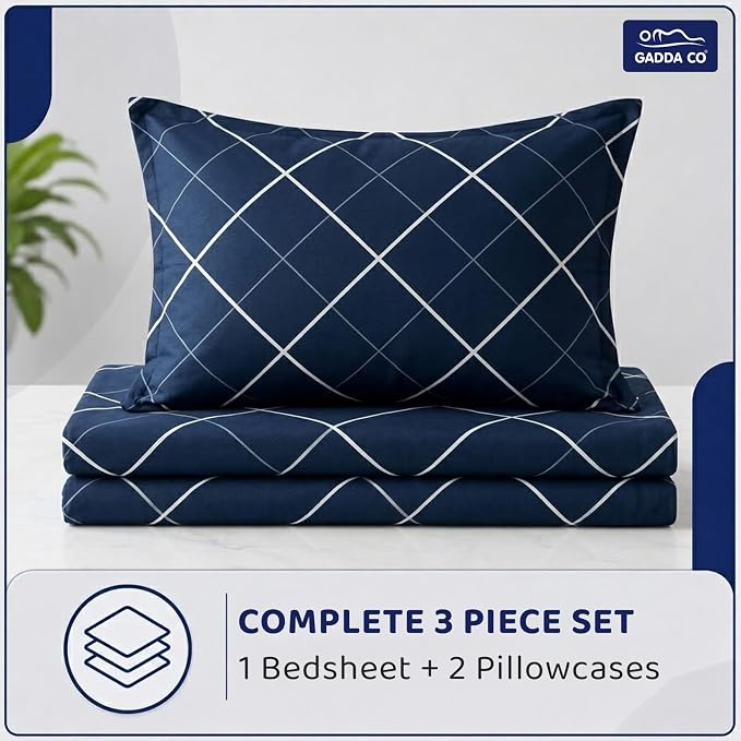 GADDA CO 300 TC Glace Cotton 360 Elastic Fitted Printed Bedsheet for Queen Size (78 x 60 Inch) | Cotton with 2 Pillow Covers | Dark Blue