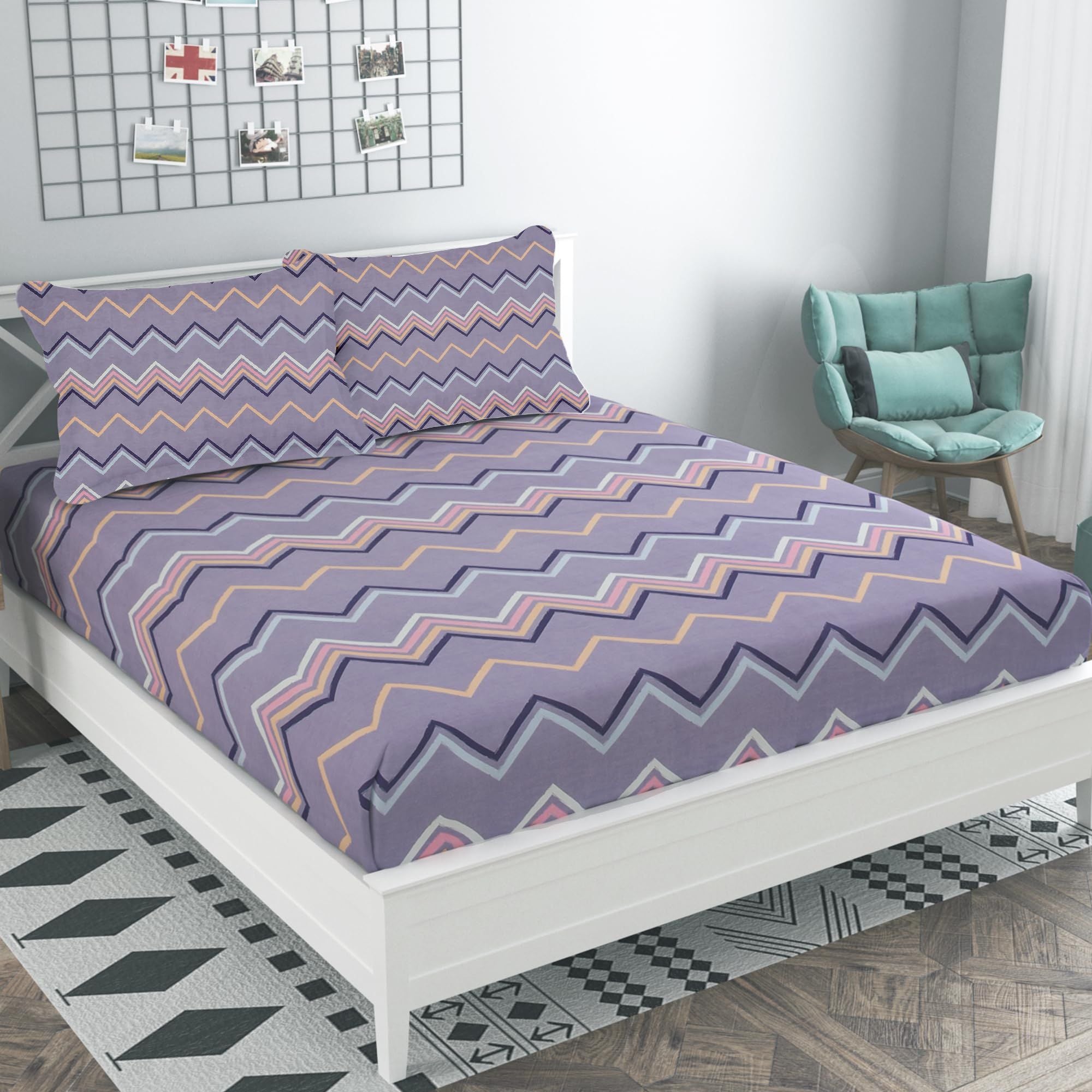 Cotton Bedsheet Queen Bed – Violet Zig-Zag with 2 Pillow Covers | GADDA CO