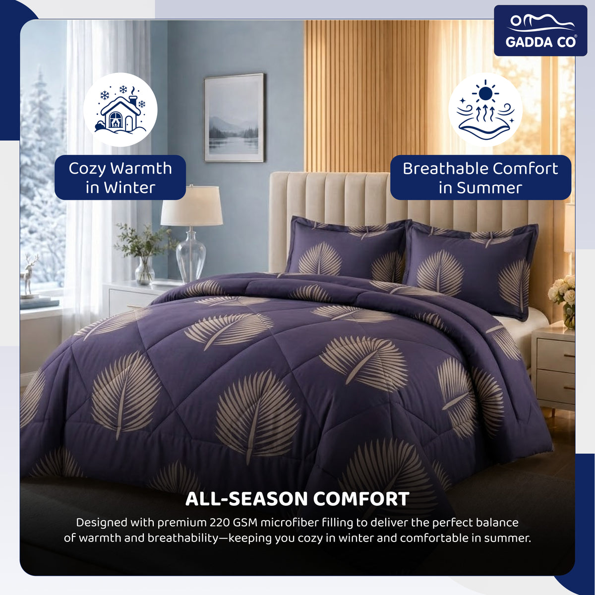 Reversible AC & Winter Glace Cotton Comforter | Premium 220 GSM, 300 TC Ultra Soft Microfiber Comforter/Blanket/Quilt/Duvets for Double & King Bed | All Season | Size - 100 x 90 Inch | Plum
