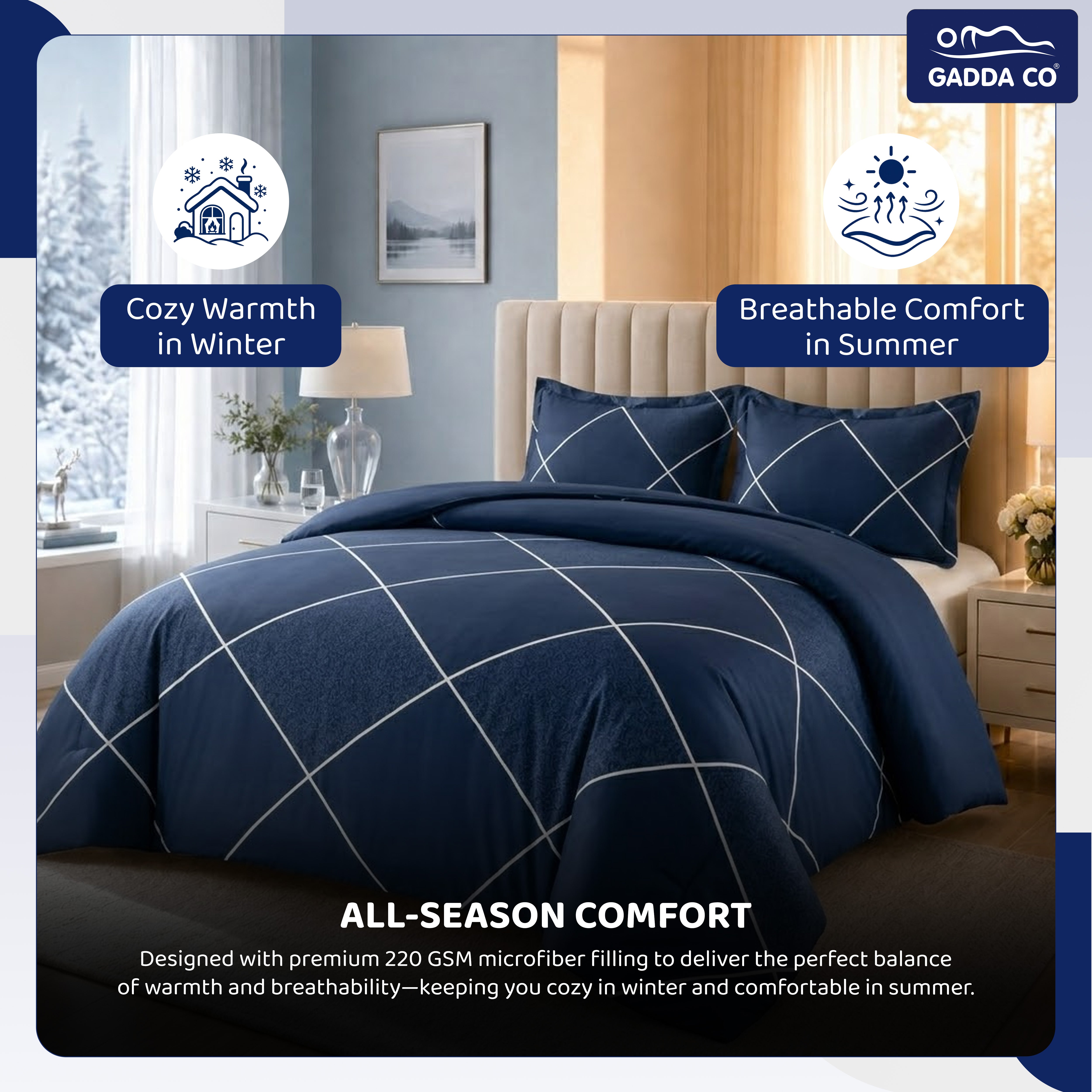 Reversible AC & Winter Glace Cotton Comforter | Premium 220 GSM, 300 TC Ultra Soft Microfiber Comforter/Blanket/Quilt/Duvets for Double Bed | All Season | King Size -100 x 90 Inch | Dark Blue