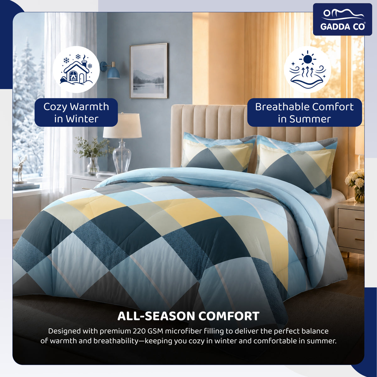 Reversible AC & Winter Glace Cotton Comforter | Premium 220 GSM, 300 TC Ultra Soft Microfiber Comforter/Blanket/Quilt/Duvets for Double Bed | All Season| King Size - 100 x 90 Inch | Sea Blue
