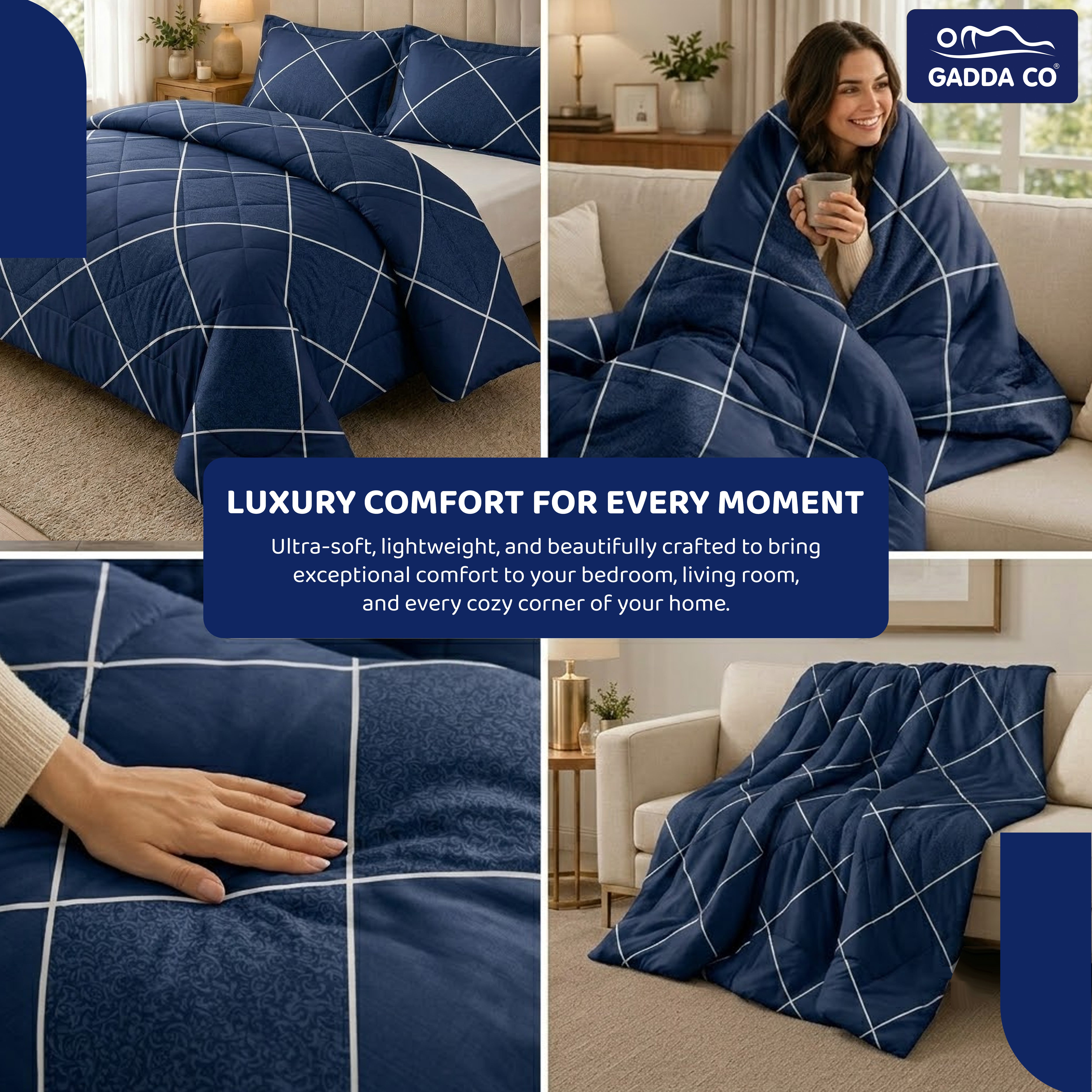 Reversible AC & Winter Glace Cotton Comforter | Premium 220 GSM, 300 TC Ultra Soft Microfiber Comforter/Blanket/Quilt/Duvets for Double Bed | All Season | King Size -100 x 90 Inch | Dark Blue