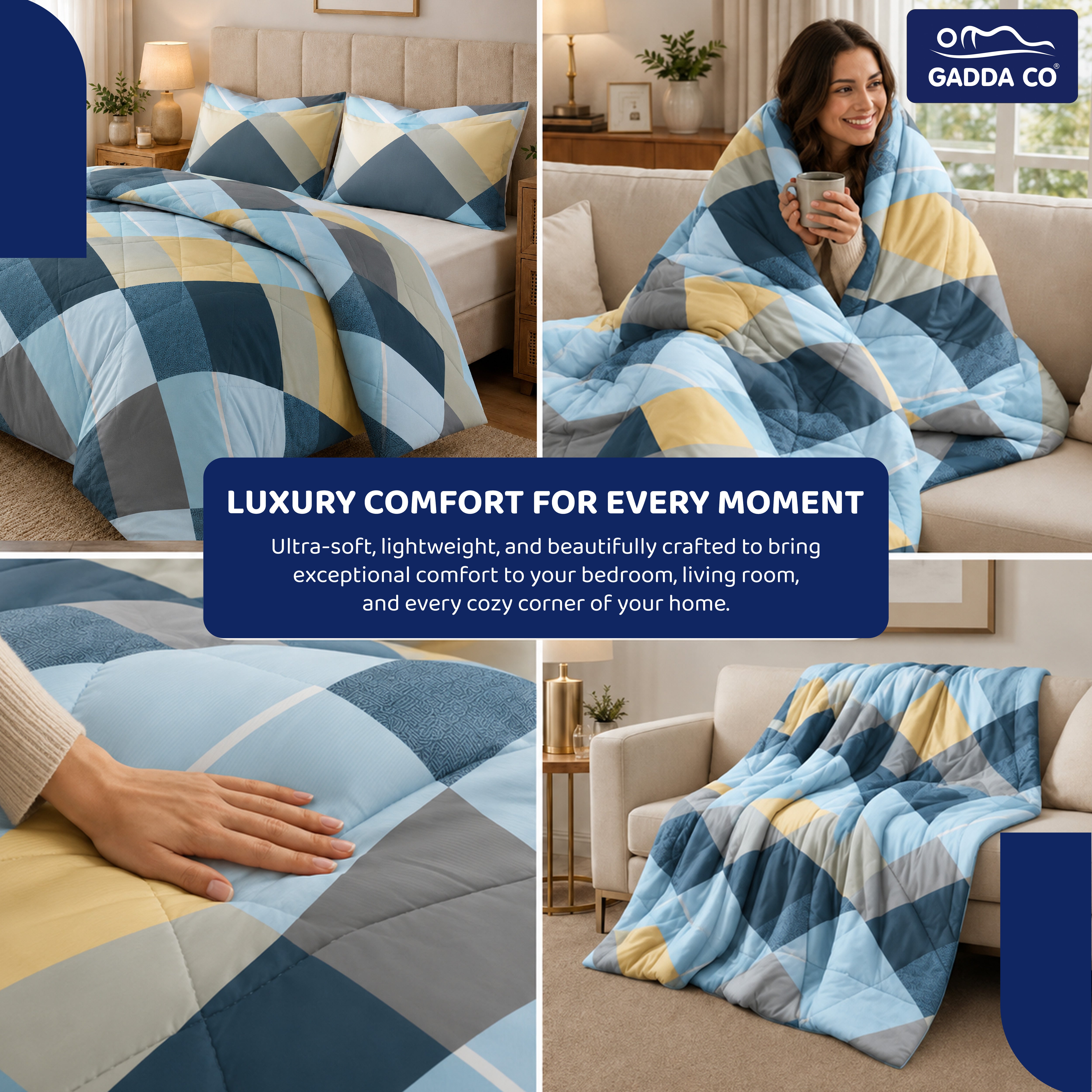 Reversible AC & Winter Glace Cotton Comforter | Premium 220 GSM, 300 TC Ultra Soft Microfiber Comforter/Blanket/Quilt/Duvets for Double Bed | All Season| King Size - 100 x 90 Inch | Sea Blue