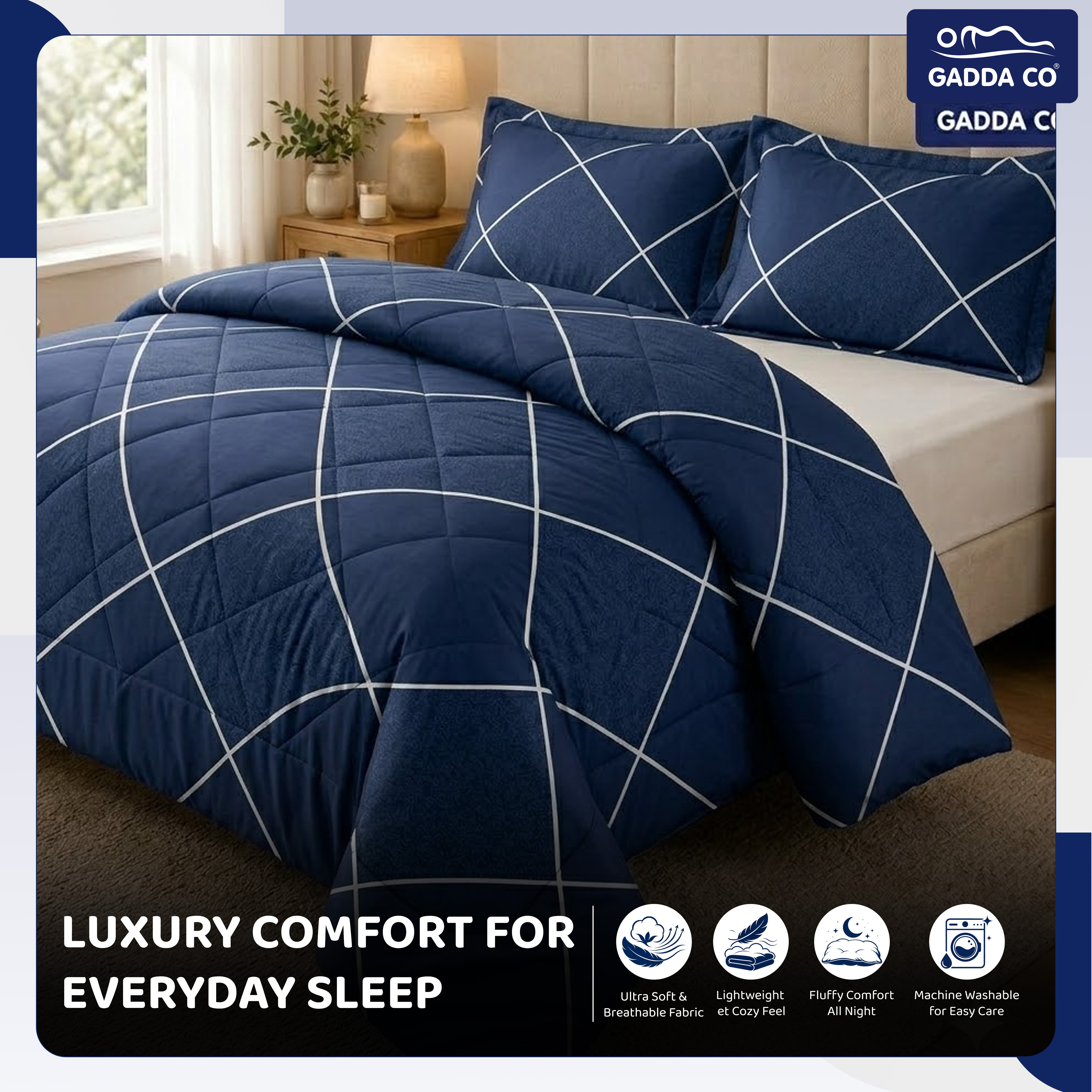 Reversible AC & Winter Glace Cotton Comforter | Premium 220 GSM, 300 TC Ultra Soft Microfiber Comforter/Blanket/Quilt/Duvets for Double Bed | All Season | King Size -100 x 90 Inch | Dark Blue