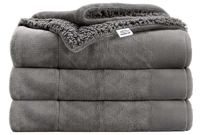 GADDA CO Reversible Double Sherpa & Flannel Blanket Grey - 220 x 228 cm