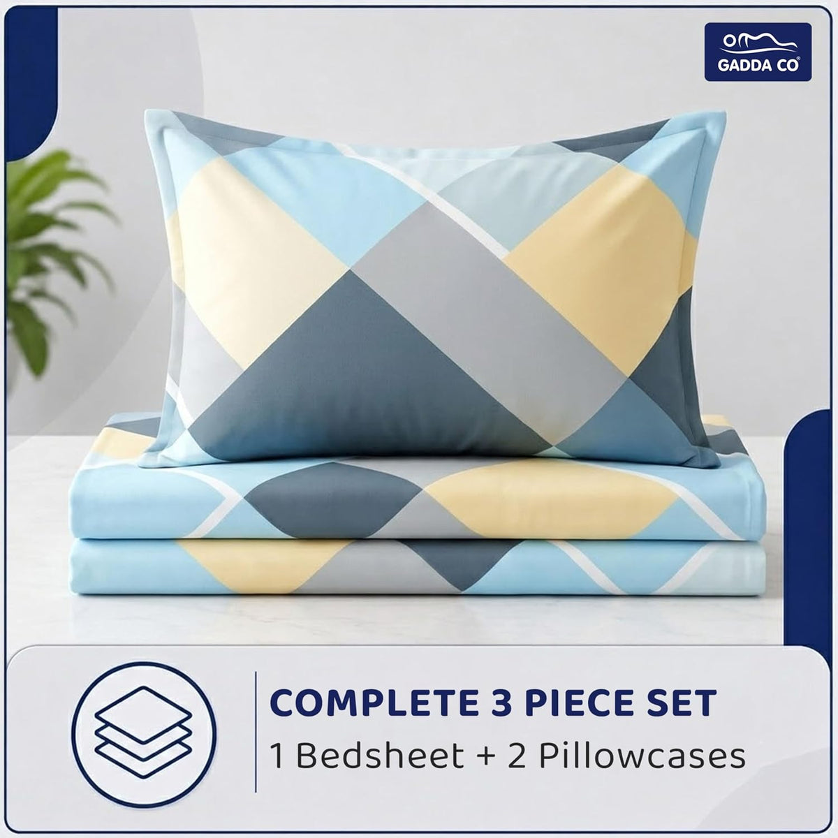 GADDA CO 300 TC Glace Cotton 360 Elastic Fitted Printed Bedsheet for Queen Size (78 x 60 Inch) Cotton with 2 Pillow Covers| Sea Blue