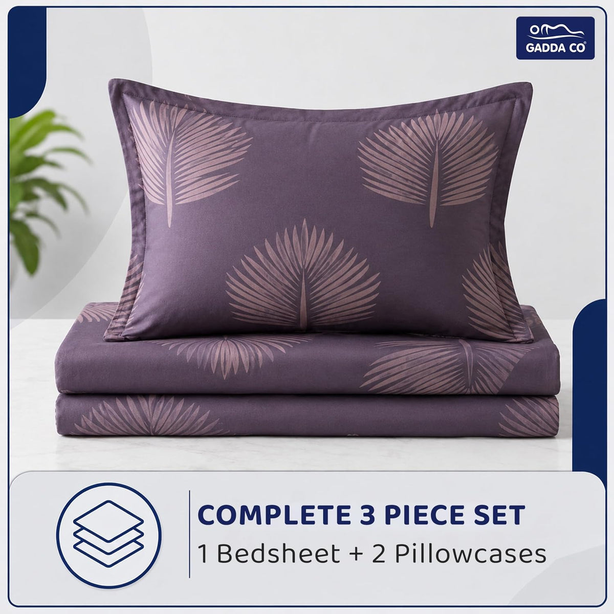 GADDA CO 300 TC Elastic Fitted Bedsheet Set – Queen | Plum Printed, Glace Cotton, 2 Pillow Covers