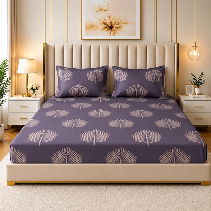 GADDA CO 300 TC Elastic Fitted Bedsheet Set – Queen | Plum Printed, Glace Cotton, 2 Pillow Covers