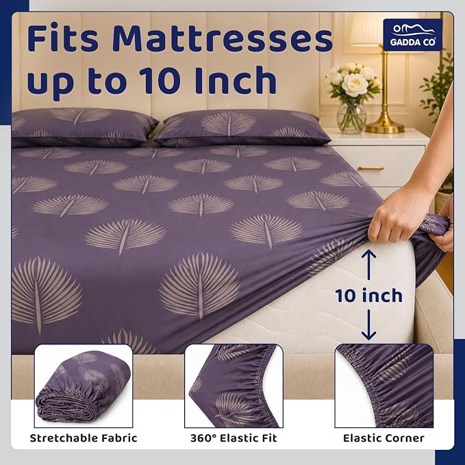 GADDA CO 300 TC Elastic Fitted Bedsheet Set – Queen | Plum Printed, Glace Cotton, 2 Pillow Covers