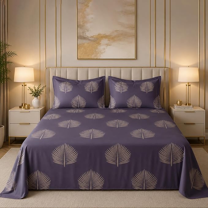 GADDA CO 300 TC Cotton Feel Premium Glace Cotton Flat Printed Bedsheet for Double Bed Queen Size (228 x 208 cm) with 2 Matching Pillow Covers| Plum