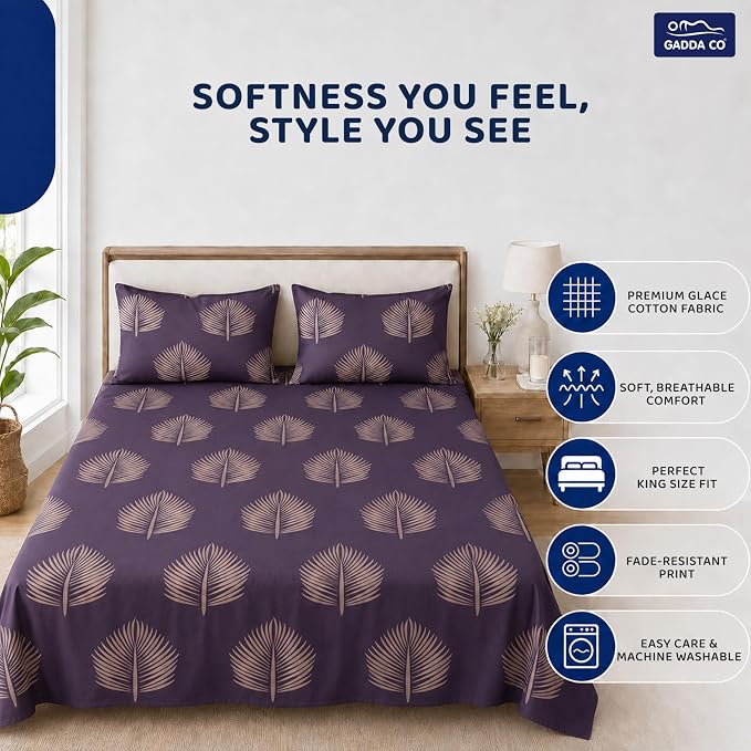GADDA CO 300 TC Cotton Feel Premium Glace Cotton Flat Printed Bedsheet for Double Bed Queen Size (228 x 208 cm) with 2 Matching Pillow Covers| Plum