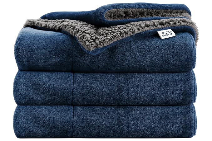 GADDA CO Reversible Double Sherpa & Flannel Blanket - 220 x 228 cm Dark Blue