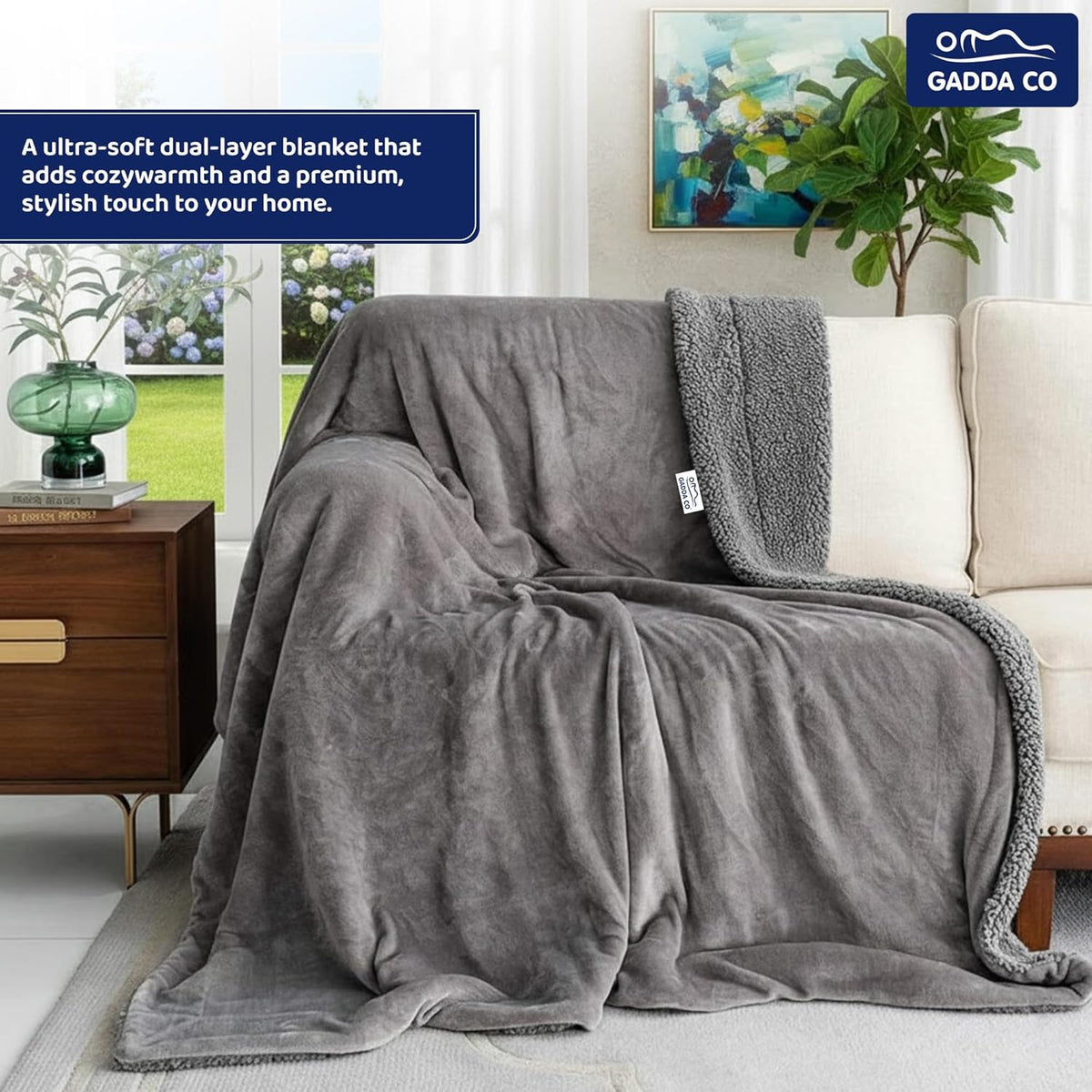 GADDA CO Reversible Double Sherpa & Flannel Blanket Grey - 220 x 228 cm