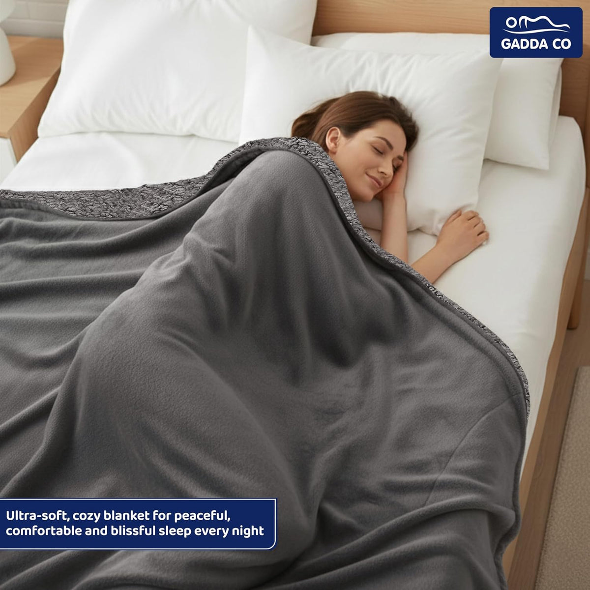 GADDA CO Reversible Double Sherpa & Flannel Blanket Grey - 220 x 228 cm