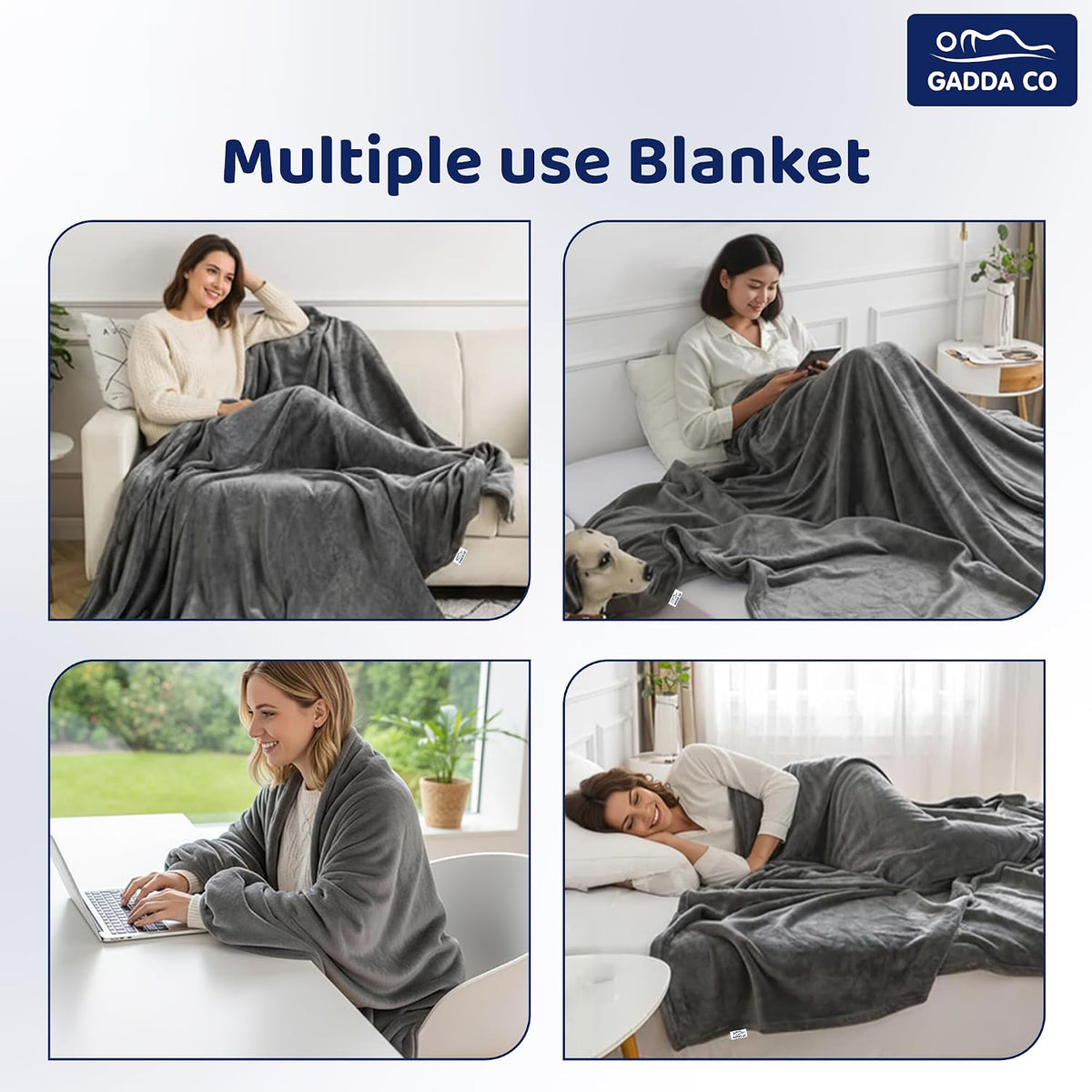 GADDA CO Reversible Double Sherpa & Flannel Blanket Grey - 220 x 228 cm