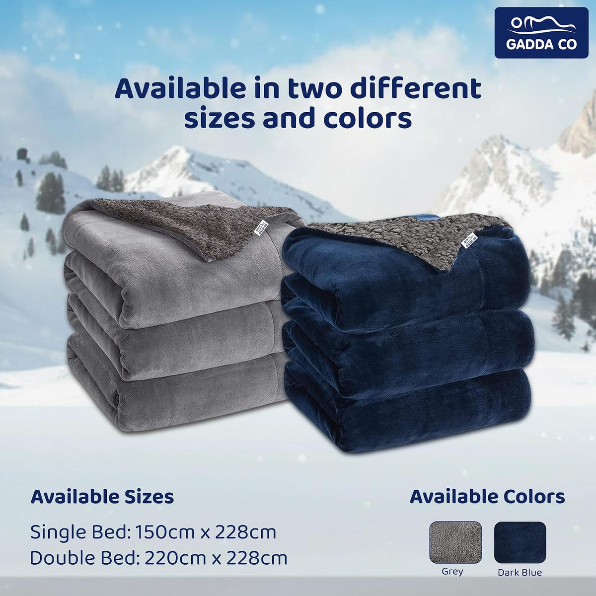 GADDA CO Reversible Double Sherpa & Flannel Blanket Grey - 220 x 228 cm