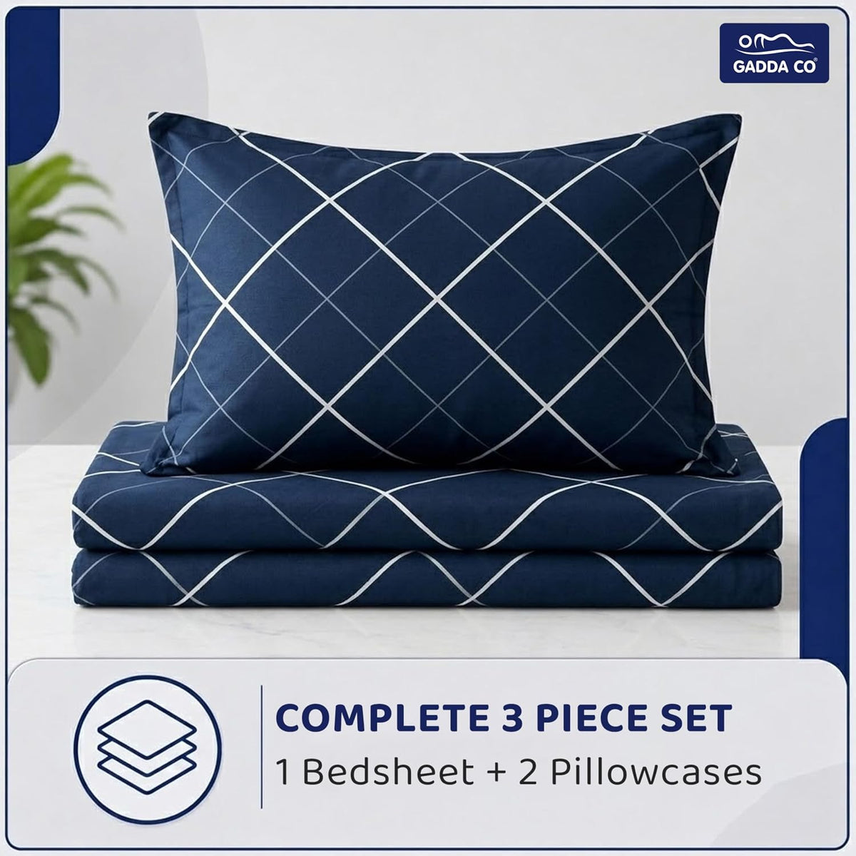 GADDA CO King Size Elastic Fitted Bedsheet – 300 TC Glace Cotton, Dark Blue, 2 Pillow Covers